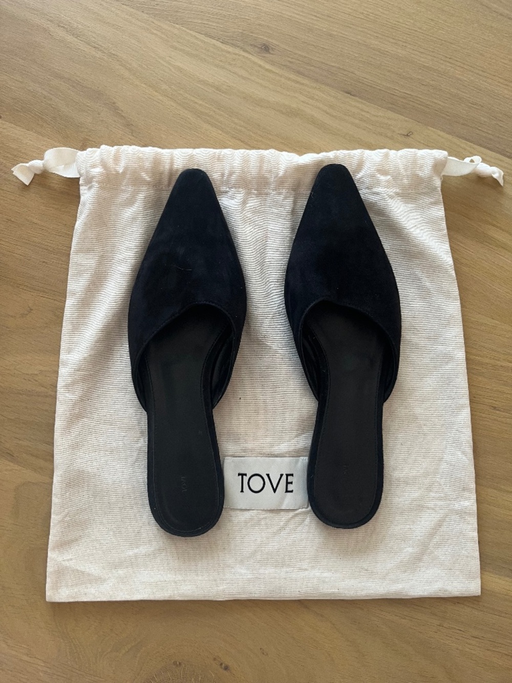 TOVE Studio Pheby Flat Mule — Black Suede | Almond Toe | Worn Once| Sold Out